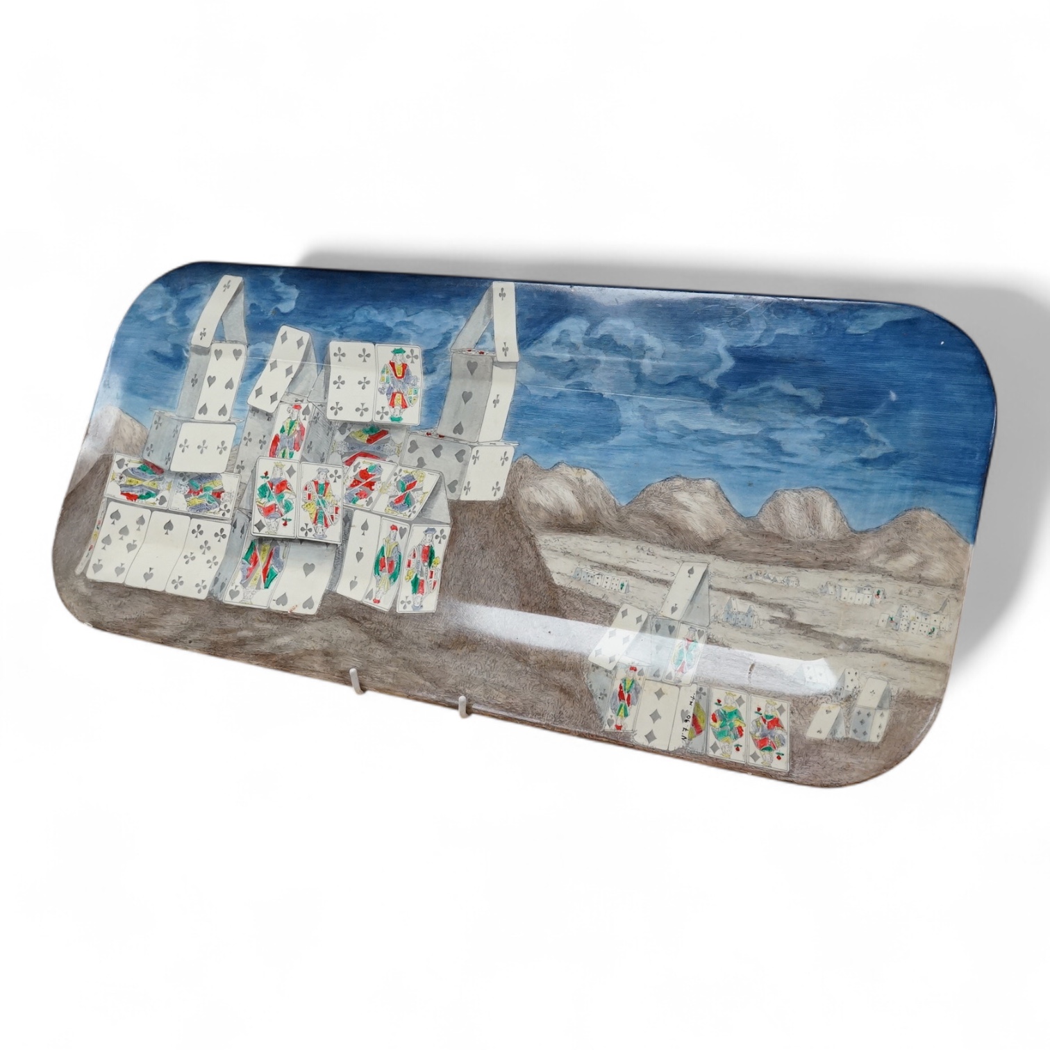 A Fornasetti 'Citta di Carte' (City of Cards) rectangular tin tray, 59cm wide